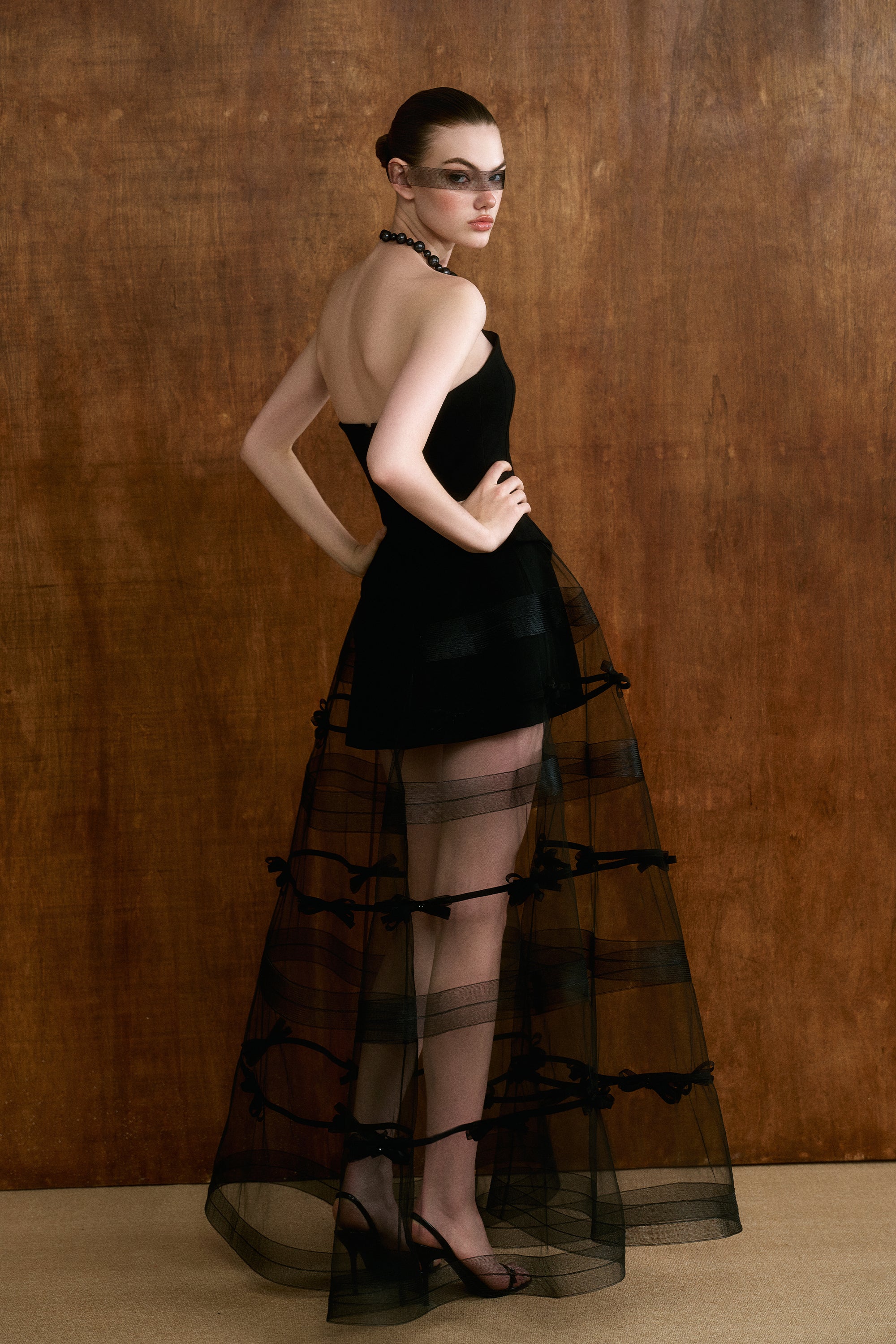 ELYSIA Bow Mesh Cape Dress Set - Image 5